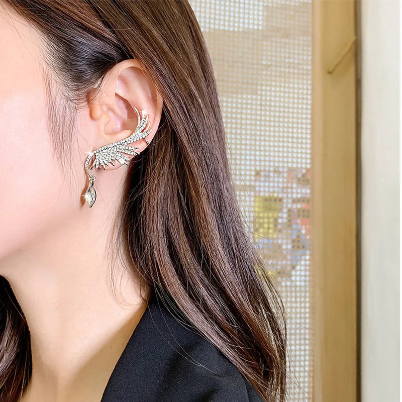 

2021 New Angel Wings Rhinestone Ear Cuffs Hanging Dangle Exquisite Exaggerated Fashion Earrings Clips Punk Style