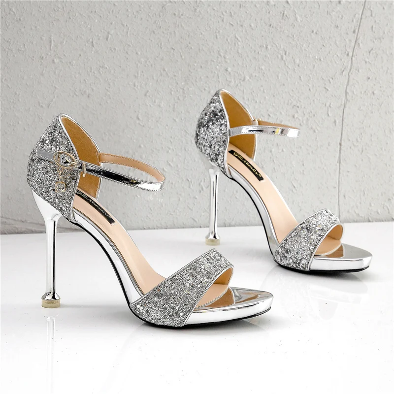 2019 женские летние блестящие босоножки на высоком каблуке 10 см с блестками белые