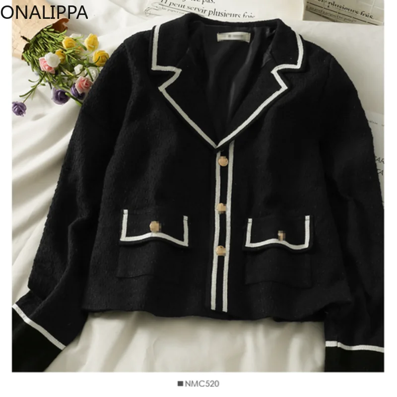 

ONALIPPA Women Jacket 2021 Autumn Winter Korean Version Color-blocking Striped Single-breasted Slim Long-sleeved Cardigan Female