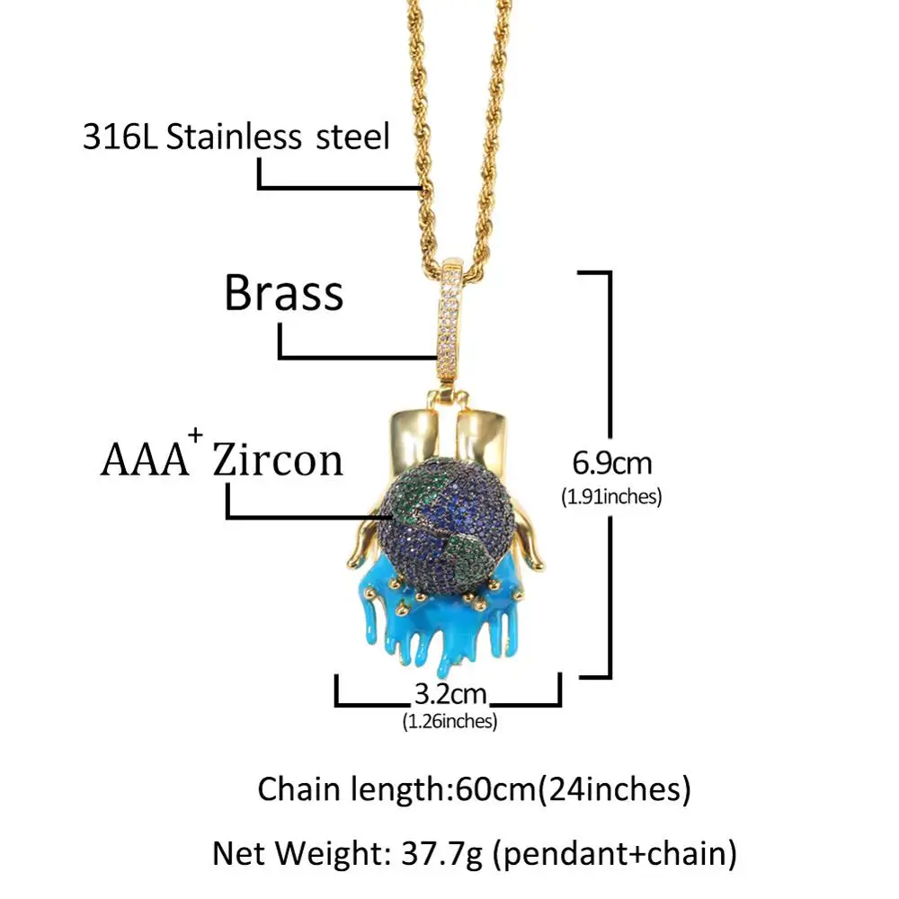 

Hip Hop AAA Zirconia Paved Iced Out Hand Protect Earth Pendants With Long Bling Tennis Chain for Women Men Rappers Jewelry
