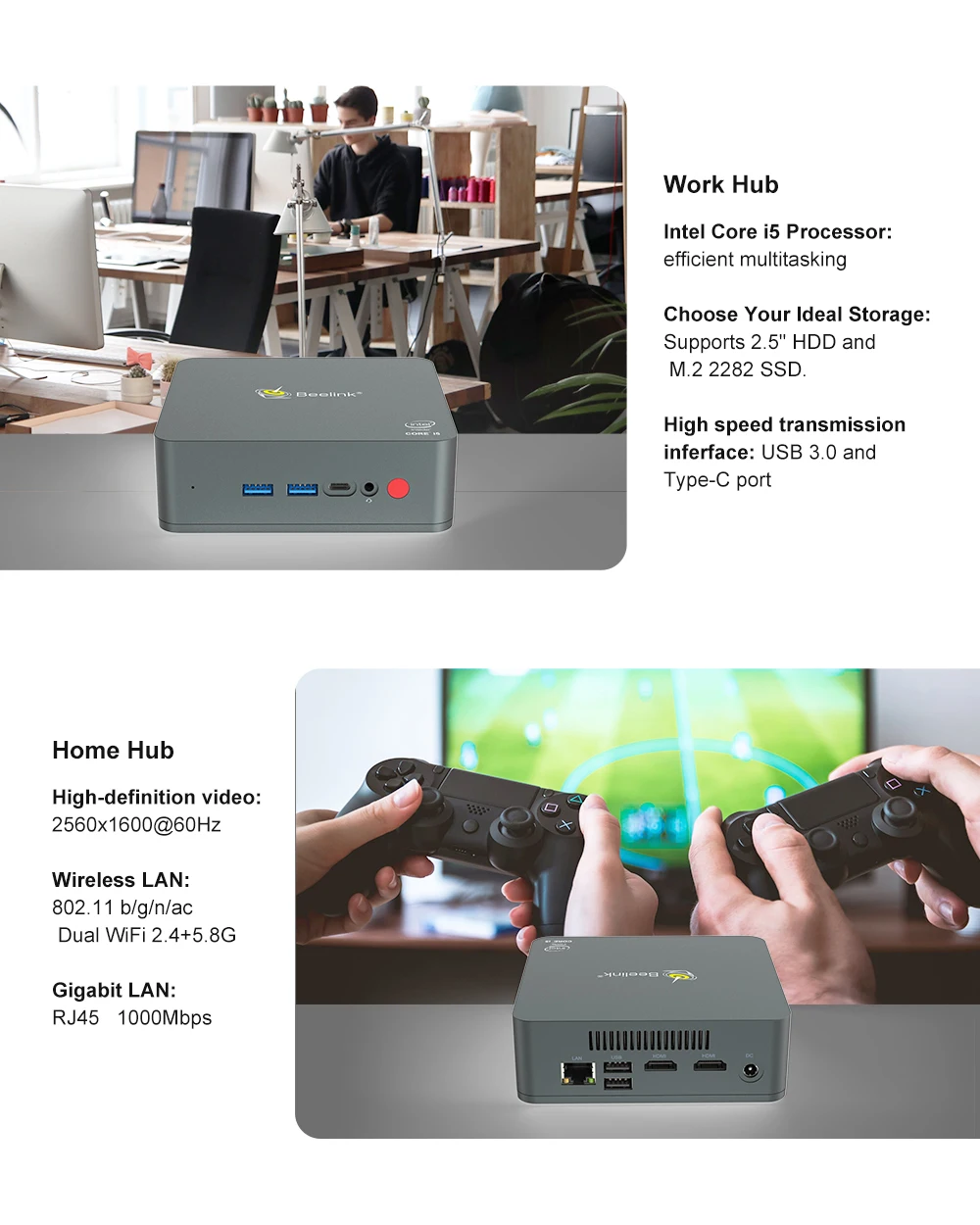 Beelink U57 мини-ПК i5-5257U Intel HD Graphics 610 Windows 10 8 ГБ ОЗУ 128 ГБ/256 SSD двойной HDMI 2 4G/5 8G WiFi 1000