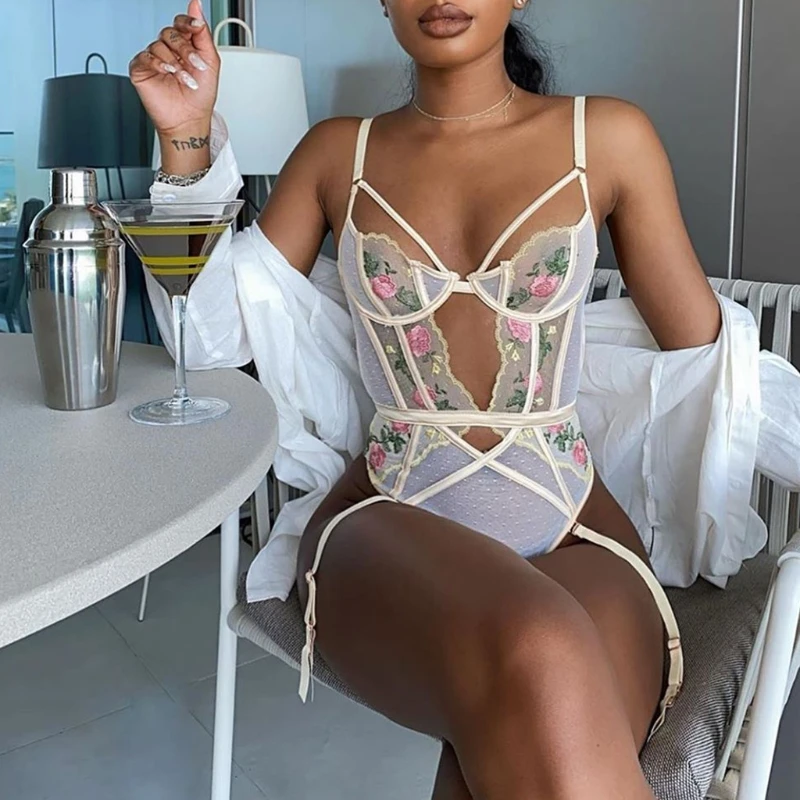 

Women Sexy Sheer Mesh Lingerie Bodysuit with Garter Belt Embroidery Floral Hollow Front One-Piece Underwear Nightwear