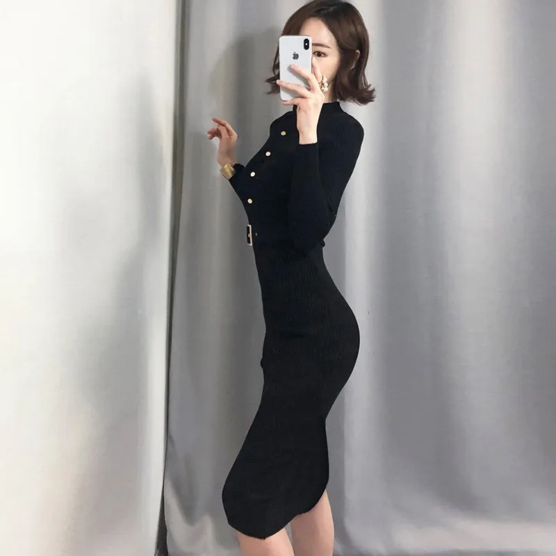 Женское трикотажное платье карандаш на пуговицах с длинным рукавом|Женские