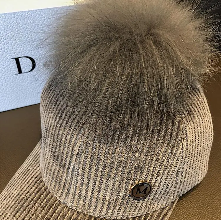 

Hot sale Women Hat Winter Warm Corduroy Visors Cap with Real Big Fox fur ball
