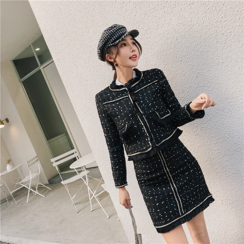 Осенне зимние женские элегантные тканые юбки костюмы женский комплект Твидовые