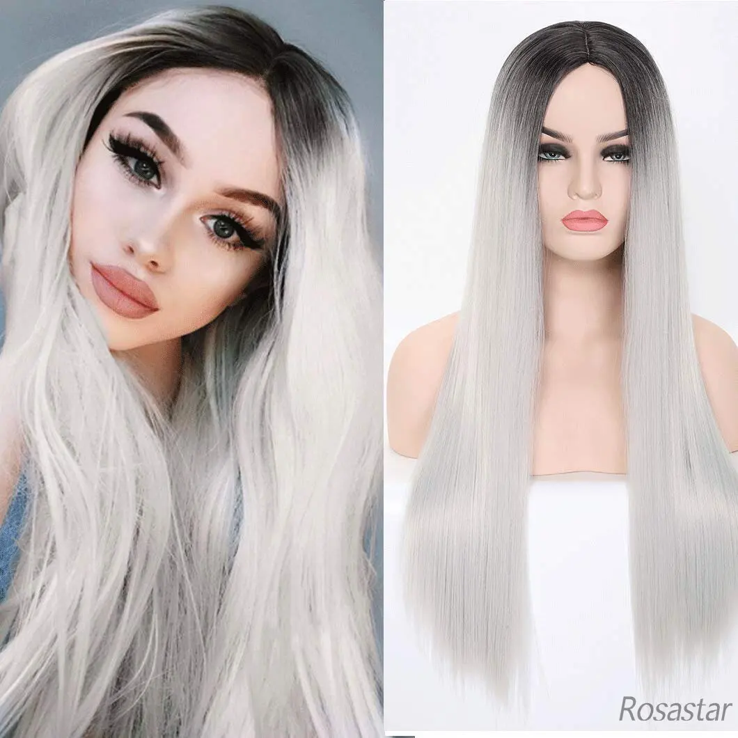 

Rosastar High Quallity Long Straight Black to Grey Ombre with Heat Resistant Synthetic Hair Wigs for Women for Any Occation