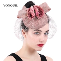 ladies days peach mesh headwear and flower hat fascinator wedding race ascot veil hats bridal married headdress fedora millinery