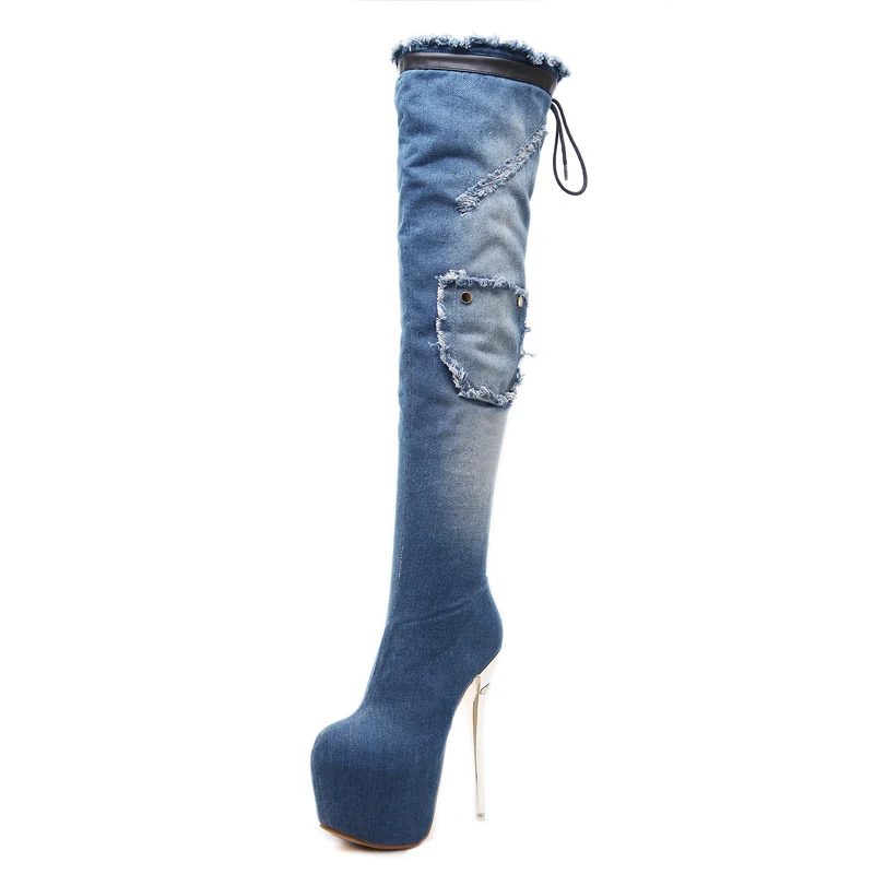 Bottines Femme/женская зимняя обувь; синие джинсовые сапоги выше колена; женские модные высокие сапоги; сапоги на платформе и каблуке 16 см; женские сапоги на высоком каблуке