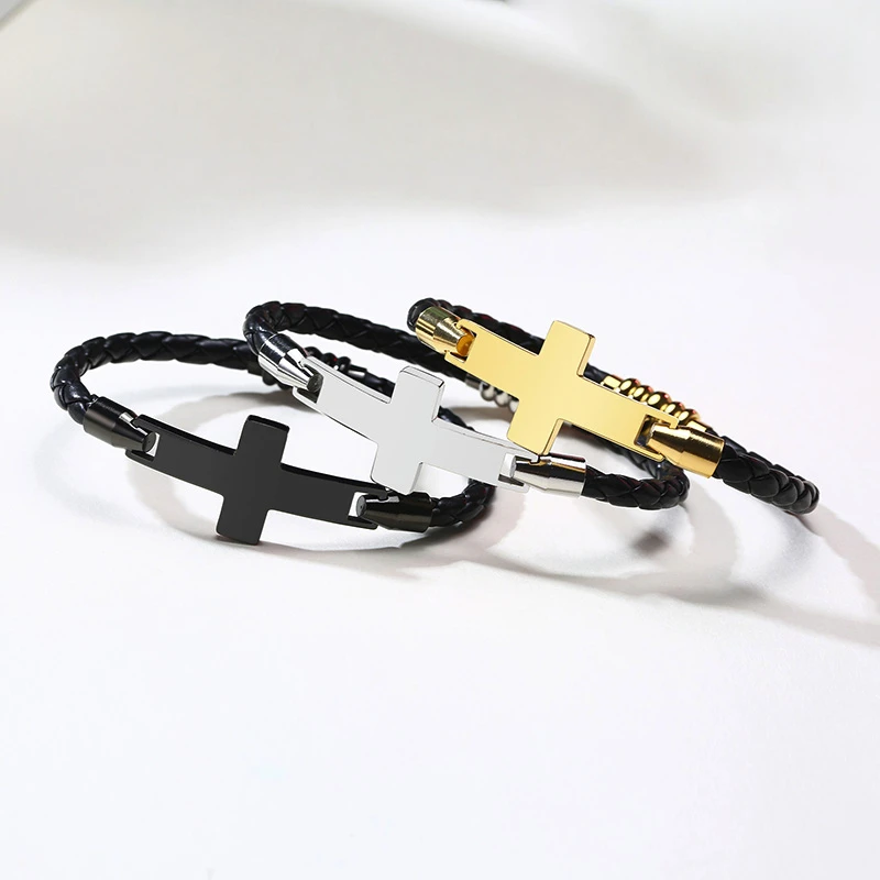 Мужские плетеные кожаные браслеты для мужчин золотой крест браслет модные