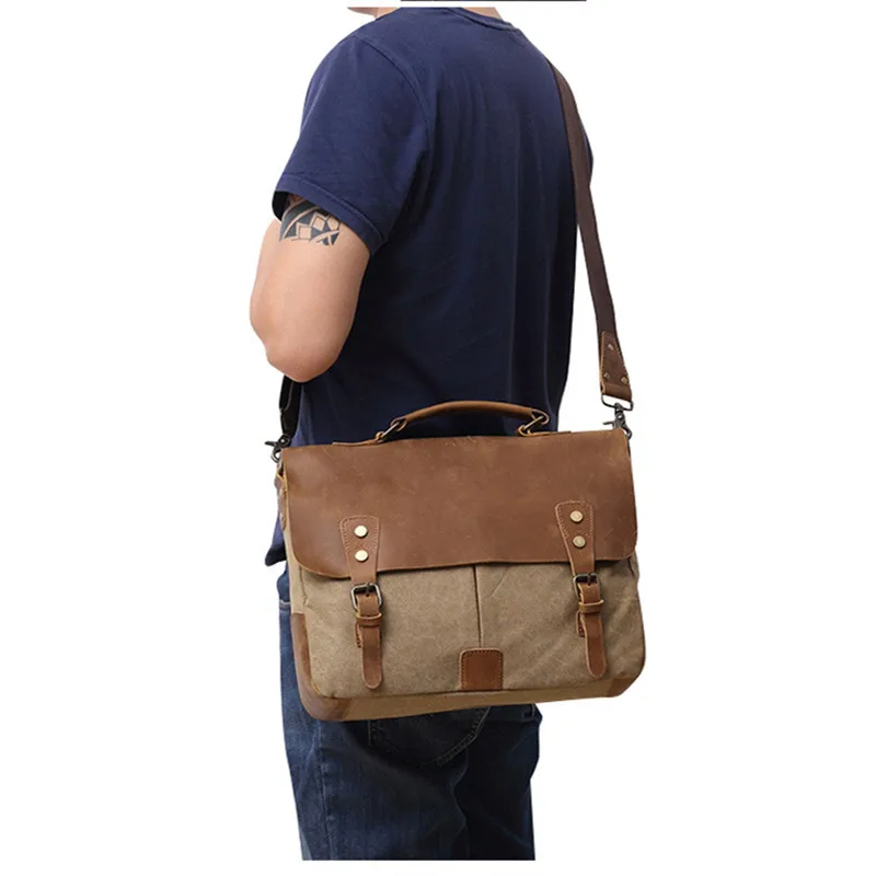 Мужской деловой портфель сумка-мессенджер в стиле ретро из кожи и холста Крейзи