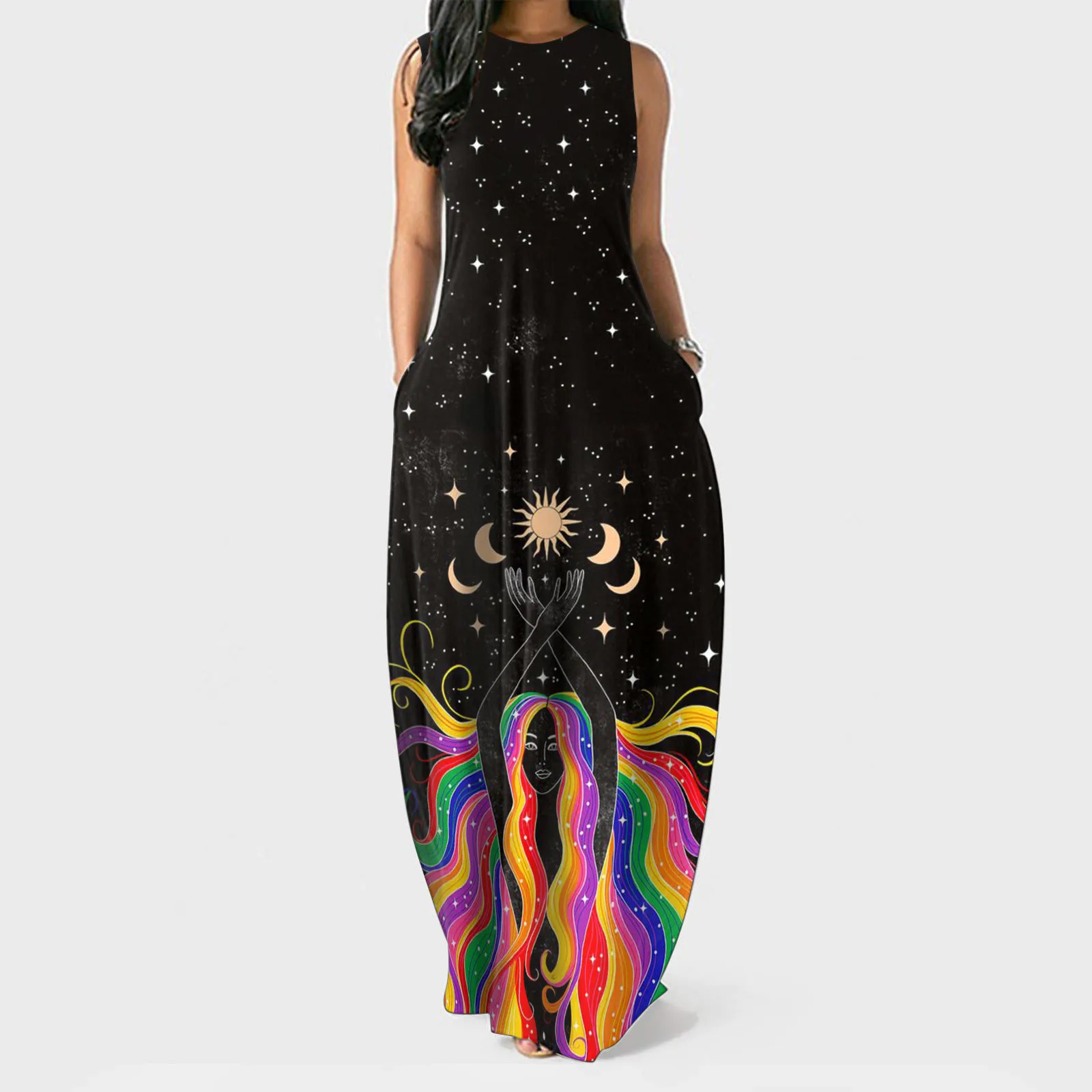 

Summer Women Plus Size Dress Summer O-neck Flower Print Sleeveless Pullover Maxi Dresses Ladies Casual Loose Long Dress#35