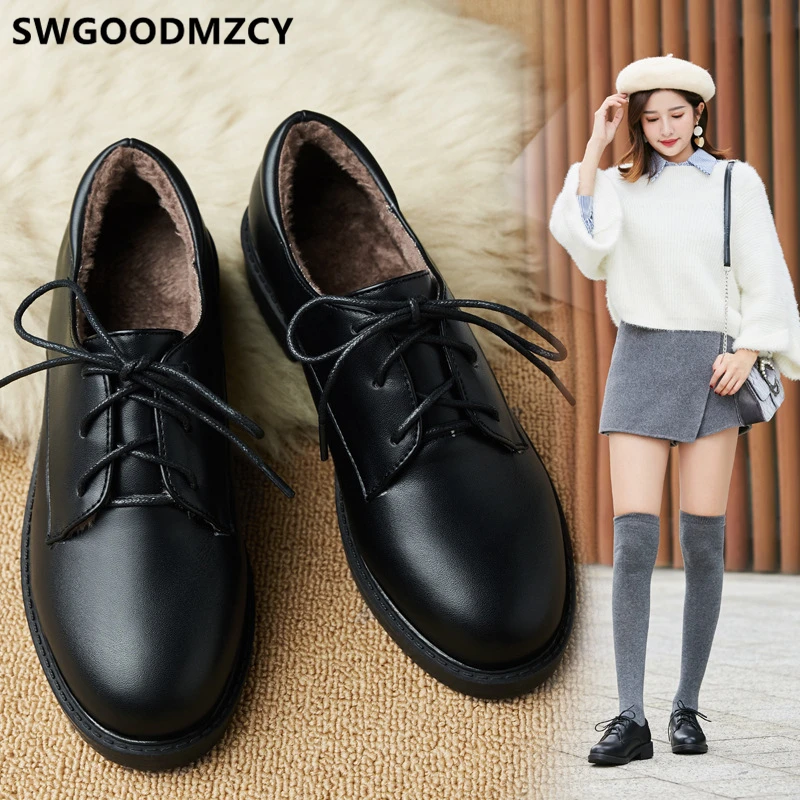Оксфорды для женщин Черные туфли на плоской подошве Женская обувь Удобная Femmes Hiver