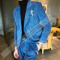 vintage blue corduroy mens suit pleated tuxedo party work wear double breasted blazer 2 pieces coat pants 2021 terno masculino