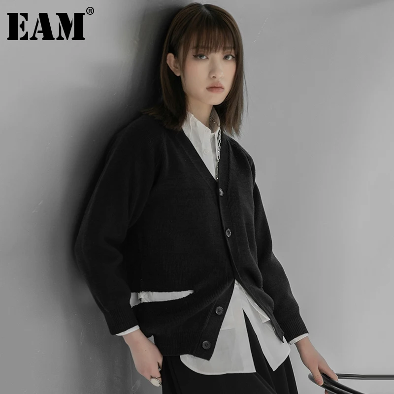 [EAM] вязаный кардиган с дырками асимметричный свитер свободный крой v образный