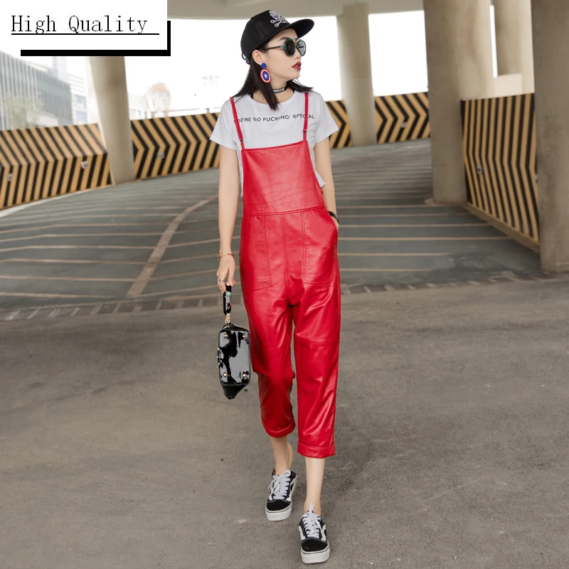 Женский однотонный комбинезон из натуральной кожи черный красный повседневный