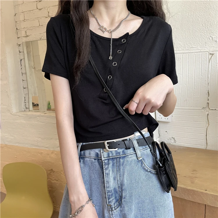 

YTX1557 short-sleeved T-shirt female summer Korean version of the trendy net red student short high-waist repair T-shirt