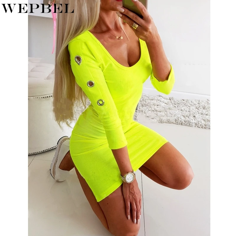 

WEPBEL Dress Women's Casual Solid Color Slim High Waist Dress Spring Summer O-Neck Three Quarter Sleeve Sheath Mini Dress