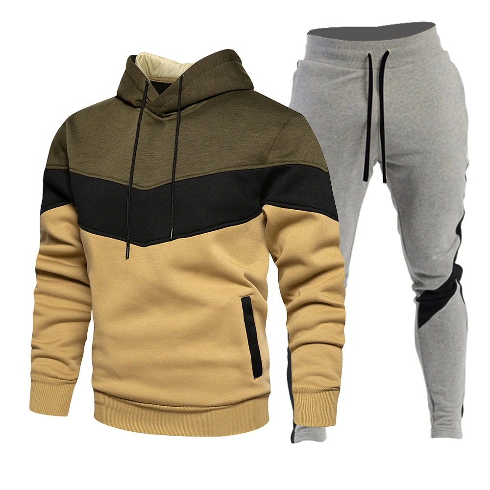 

Men's Patchwork Sweatshirt set Hoodies Clothing Casual Loose Streetwear Male Fashion Autumn Winter Outwear + Pants 2 Piece Sets