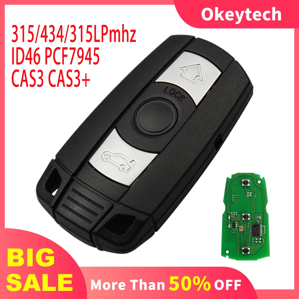

OkeyTech 3BT Car Remote Key For BMW 1 3 5 6 Series E91 E92 E60 E90 CAS3 CAS3+ System Switchable 315/434/315lpMhz ID46 PCF7945