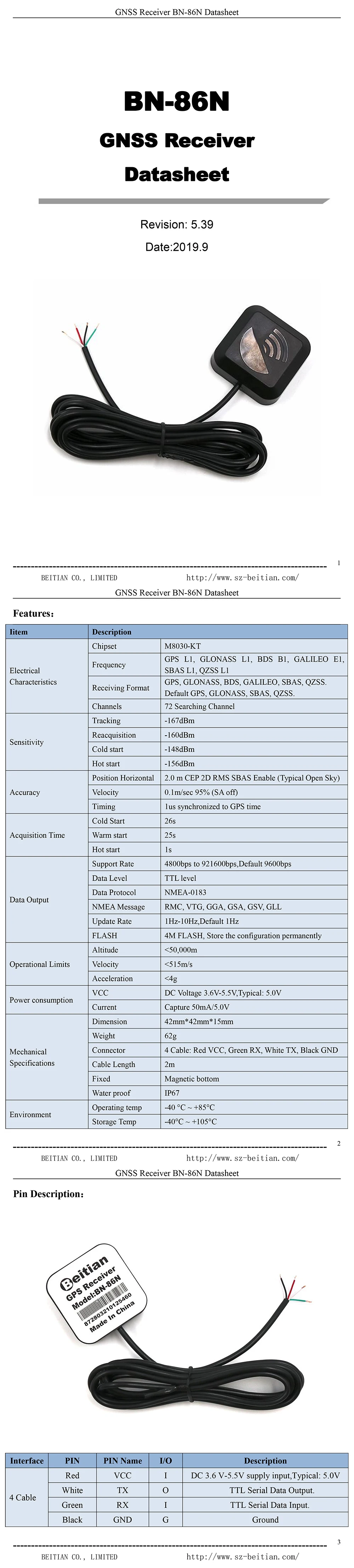 BEITIAN Ubx M8030-KT 42*42*15 мм 4 кабеля DIY магнитное дно водонепроницаемый IP67 gps ГЛОНАСС приемник ttl уровень BN-86N