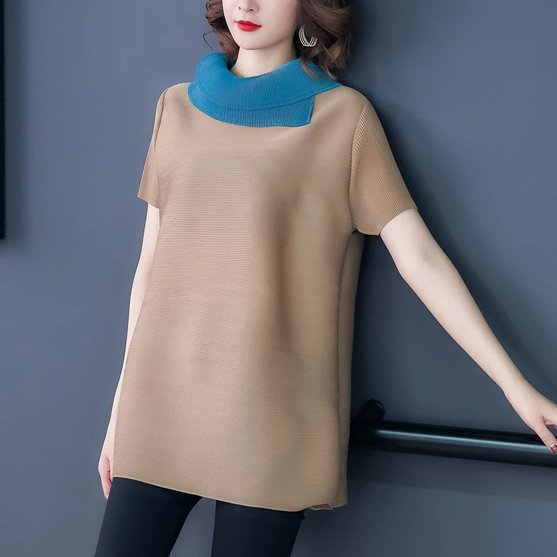 

Женская Повседневная футболка со складками, свободные топы в стиле Харадзюку с коротким рукавом, Модная элегантная женская одежда, лоскутные футболки со складками, W547, на лето