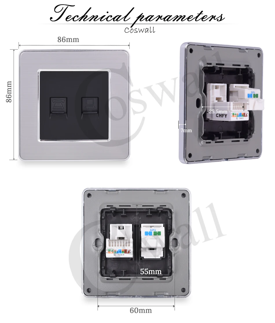 COSWALL RJ45 Интернет-разъем для передачи данных CAT5E разъем с 2 ядрами RJ11 телефонная розетка из нержавеющей стали матовая панель настенная розетка