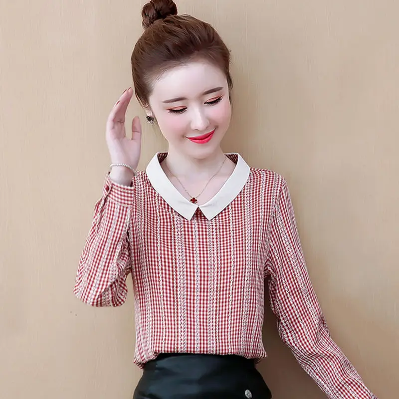 

2021 Spring Autumn Women Blouses Vintage Loose Plaid Shirts All-match Long Sleeve Office Lady Outwears Tops for Female D48