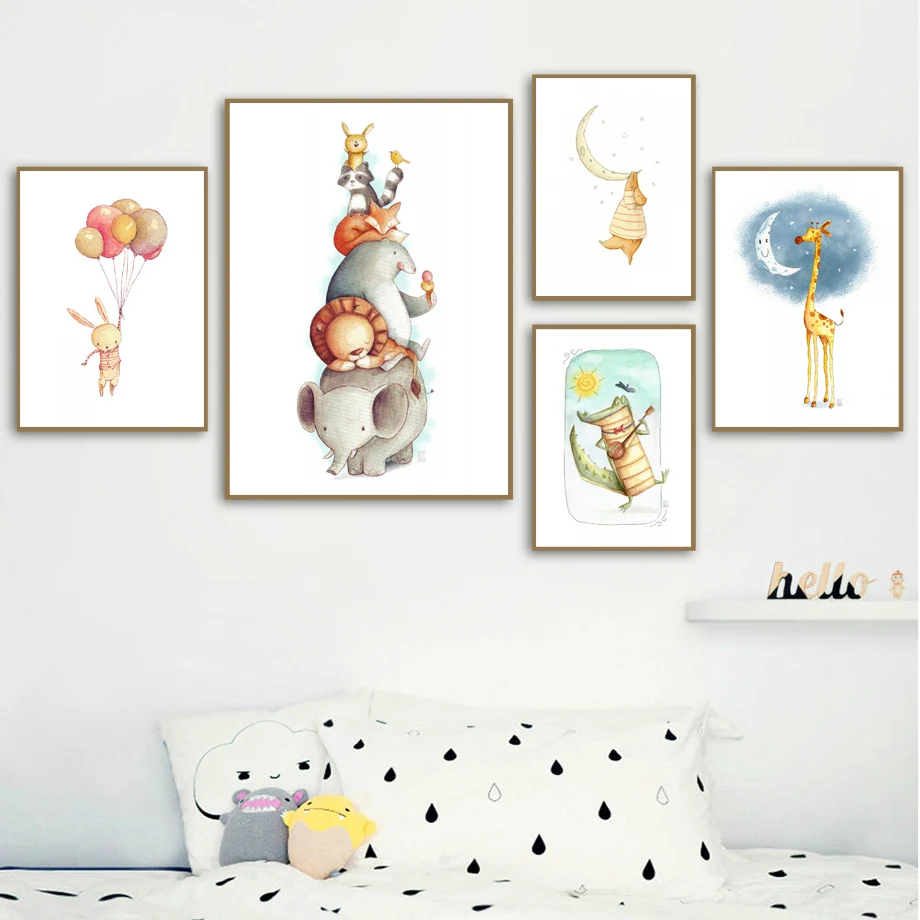Bear Rabbit Fox Giraffe Lion Cartoon Wall Art Canvas Painting Nordic Posters And Prints Pictures Baby Kids Room Home Decor | Дом и сад