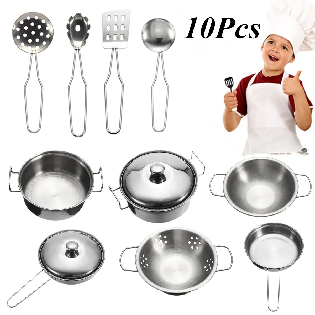 

10Pcs Stainless Steel Kids Kitchen Toys Mini Cooking Cookware Children Pretend Toy Fun Play Tools Safe Exquisite Workmanship