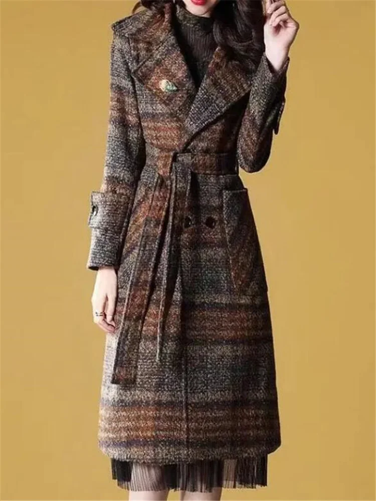 

Women Woolen Coat Blended Belted Outwearer Female Plaid Windbreaker Wool Blends Mid-length Trench Coat Woman Elegant Overcoat