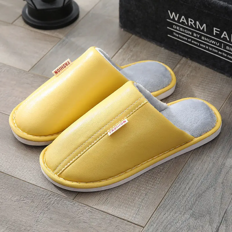 

New Waterproof Cotton Slippers Female Pu Leather Surface Home Use Autumn Winter Anti-skid Thickness Couple Drag House Slippers