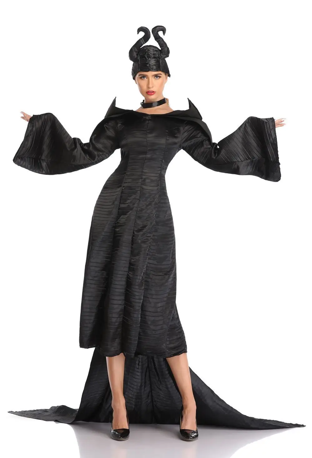 

Halloween New Cosplay Maleficent Dark Witch Demon Queen Trailing Costume Stage Costume
