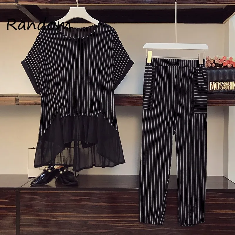 Sportwear Clothes Women Large Plus Size 5XL Suit Top And Pant Two Piece Tracksuit Matching Set Black Stripe Home Big Outfit |