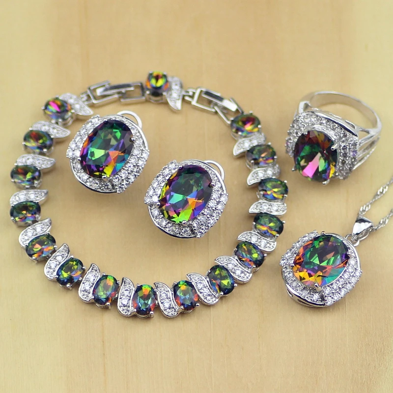 

Mystic Rainbow Cubic Zirconia 925 Sterling Silver Jewelry Set For Women Earring/Pendant/Necklace/Ring/Bracelet