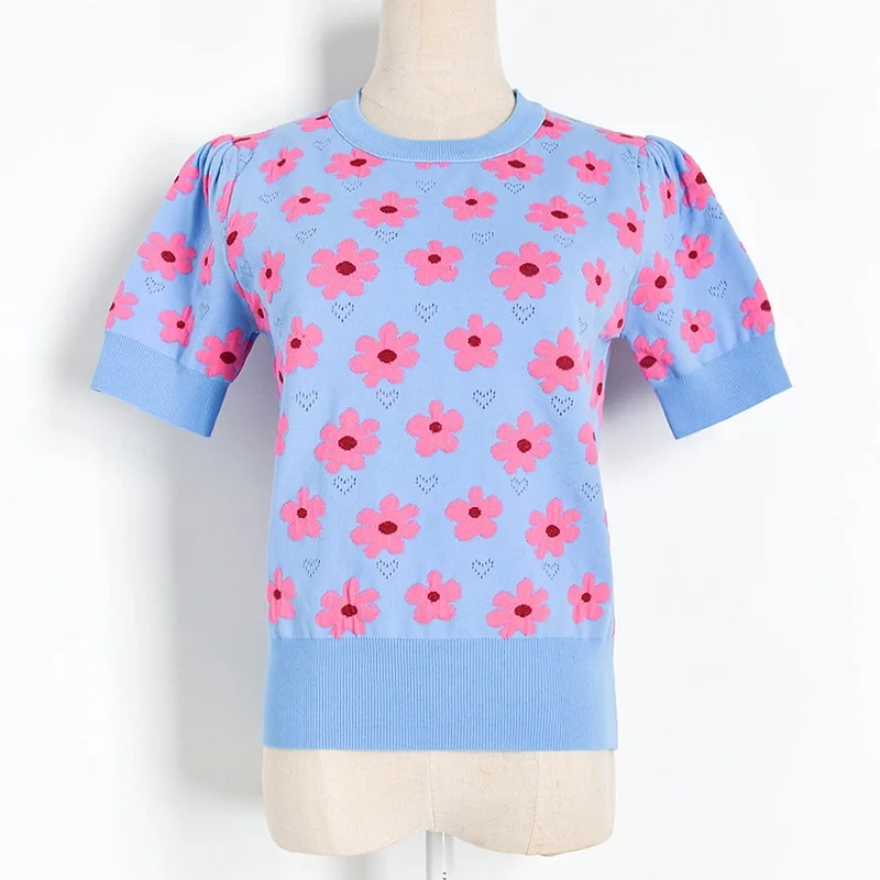 Жаккардовая трикотажная женская футболка с цветочным принтом топы вырезами лето