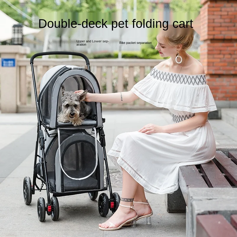

Light folding double-layer pet stroller dog pet detachable cat cage four-wheeled outdoor trip