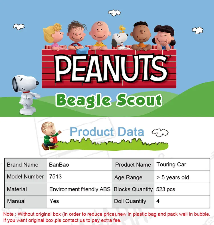 BanBao 7513 Горячая IP Snoopy Peanuts туристический автомобиль пластиковые строительные кирпичи для детей образовательная модель DIY Кирпичи совместимый бренд