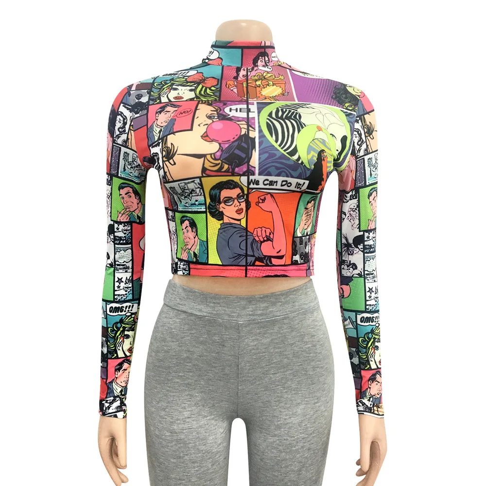 

Cartoon Character Print Fashion Crop Top Women Harajuku Turtleneck Long Sleeve Slim T-shirt Streetwear Girls Club Party Tees