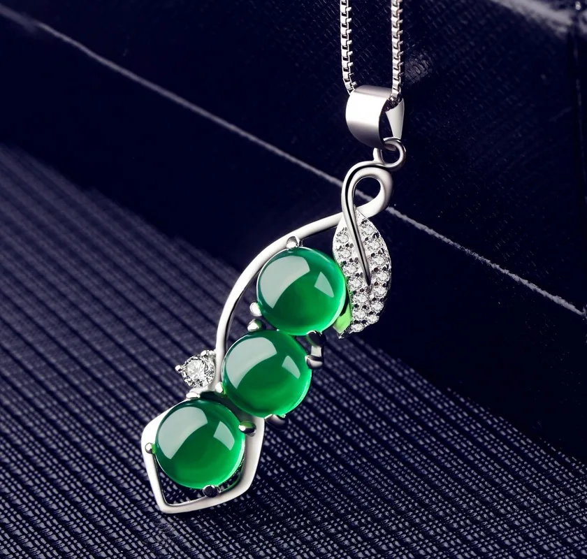 

Natural Green Jade Beans Pendant Necklace 925 Silver Fashion Jewelry Chalcedony Amulet Gifts