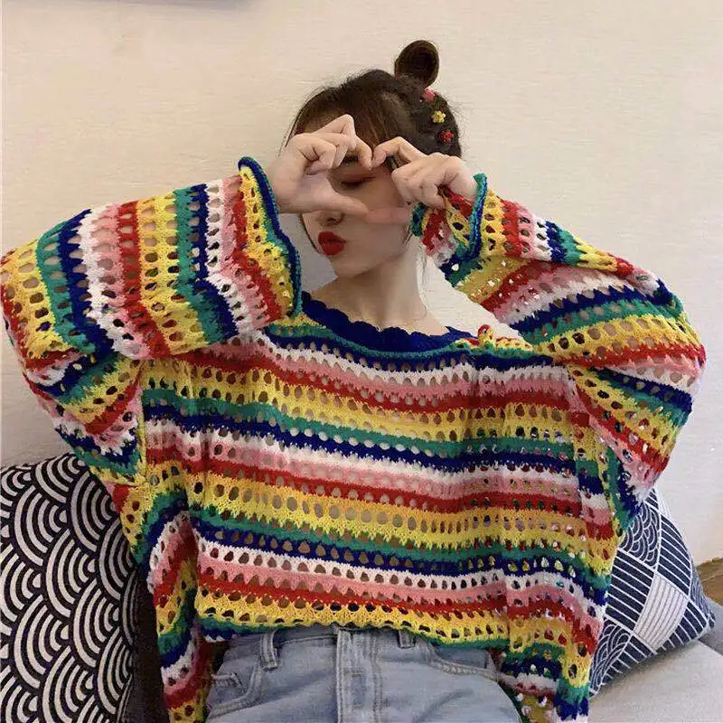 HOUZHOU Rainbow Women Sweetshirts Vintage Mesh Clothes Cute Knitted Top Oversize Long Sleeve Aesthetic Pullover Korean Fashion