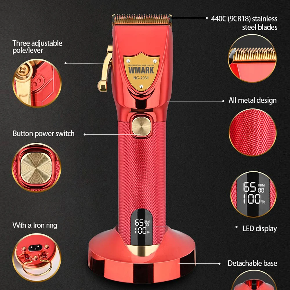 WMARK 6500 RPM Profession Hair Clipper All-Metal 9CR18 Blade Magnet Limit Comb 2500mAh With Charge Base LCD Display Hair Trimmer enlarge