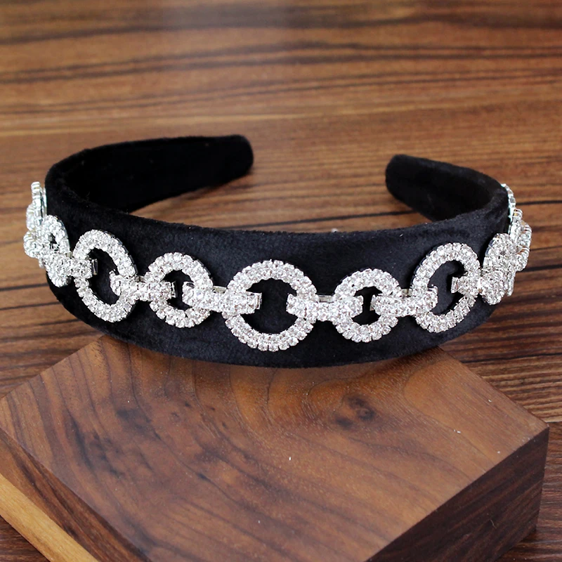 black Корейские модные роскошные серебряные круглые Кристальные ободки для волос, широкие блестящие стразы, повязка на голову для женщин, свадебные украшения для волос - Окраска металла: black
