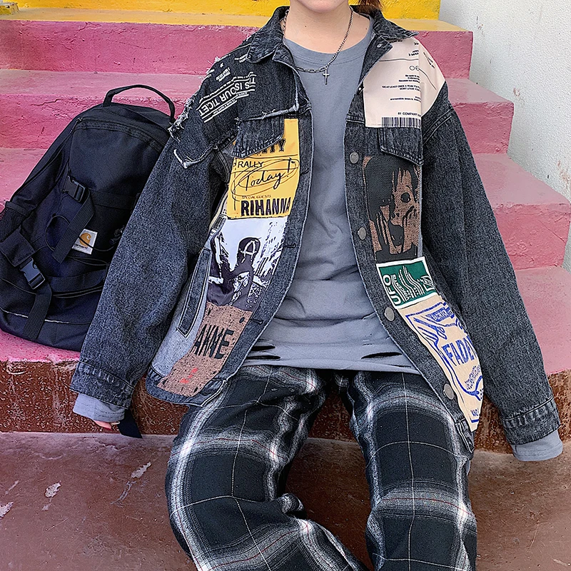 2021 джинсовая куртка Модные свободные уличные в стиле хип-хоп с бесплатной