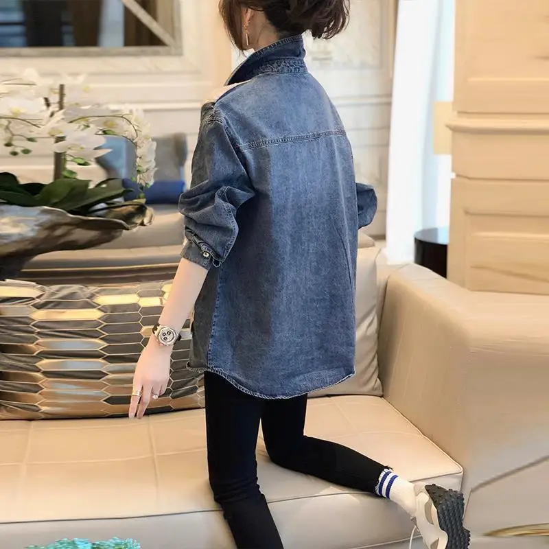 

Blue fake two denim shirt 2021 spring new Europe station loose and versatile port style top