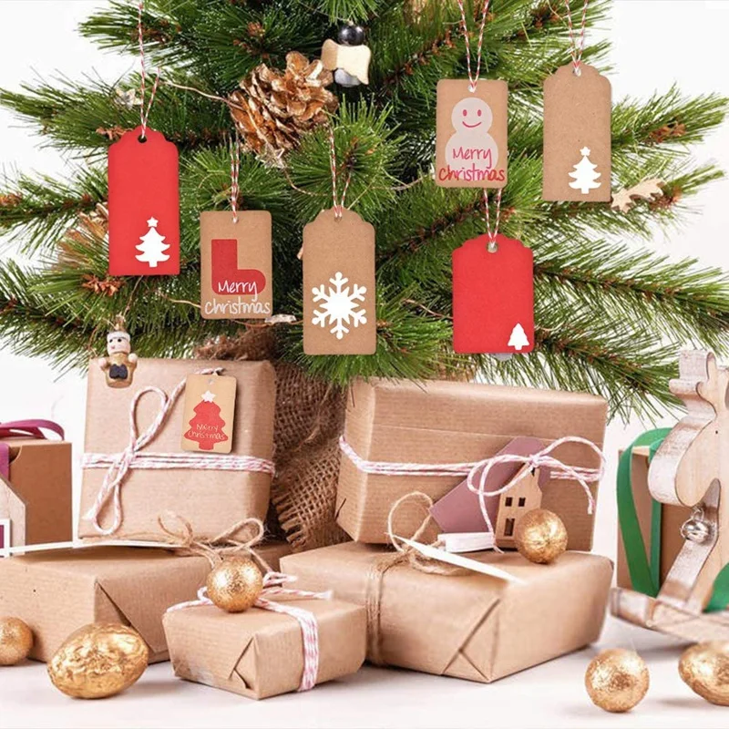 

262 Pcs 14 Styles Christmas Kraft Paper Tags Kraft with 150 Pcs Paper Tags Kraft Christmas Tags Hang Labels