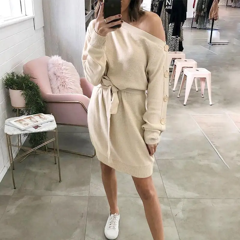 Aartiee Casual knitted ladies dress 2019 Autumn winter Loose One shoulder irregular collar midi women sash belt knitwear | Женская