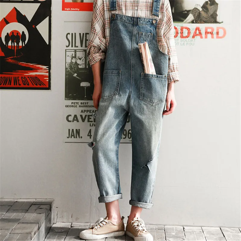 Женский джинсовый комбинезон свободные джинсовые комбинезоны с тонкими дырками