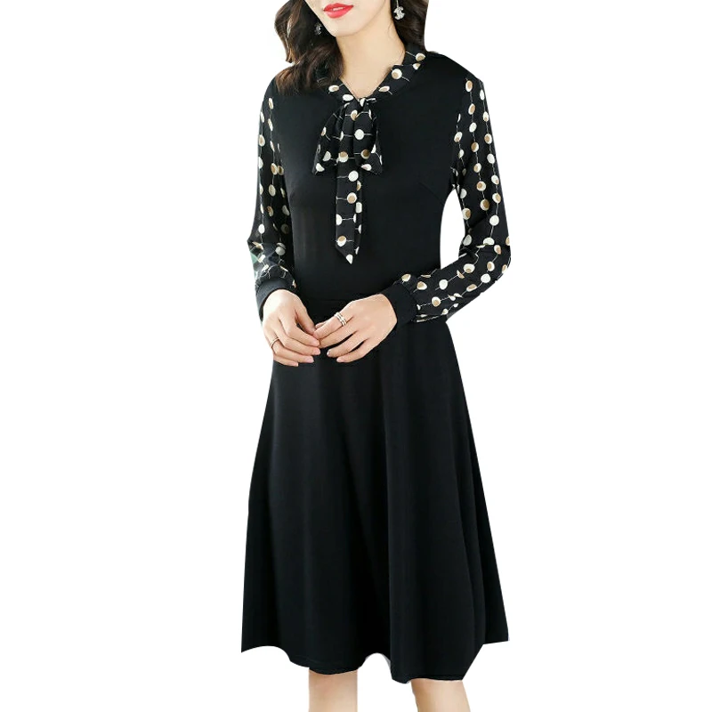 

Women's Spring Summer Style Chiffon Dress Women's V-Neck Long Sleeve Bow Dot Elegant Casual Dress SS1672