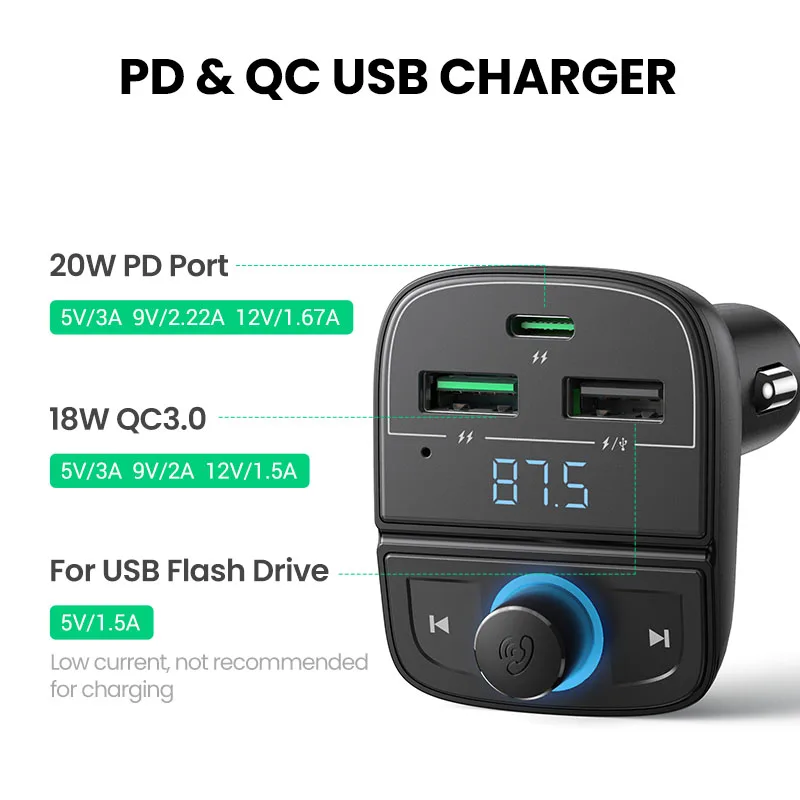 ugreen car charger quick charge 4 0 for phone fm transmitter bluetooth car kit audio mp3 player fast dual usb car phone charger free global shipping