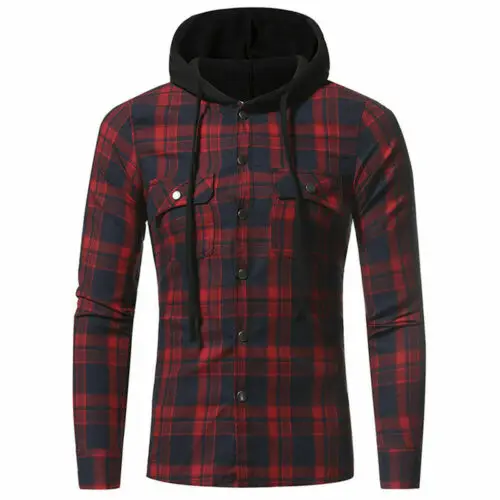 

New arrival Men's Soft Plaid Hooded Checked Flannel Shirt Slim Tops Loose Fit Hooded Long Sleeve Blouse Casual Tops
